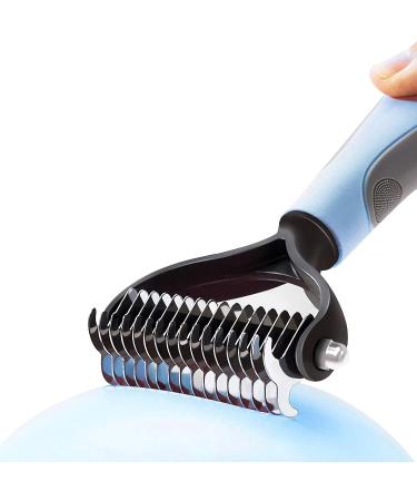Uoking Dog Grooming Tool Undercoat Rake for Dogs & Cats - 2 Sided Dematting Tool Brush Remove Mats and Tangles Coats Safely With Rounded End Blades and Extra Wide Head - Blue