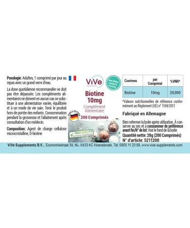 Biotine 10mg - 200 comprim s - D-Biotine - Dosage lev - Biodisponible - Qualit allemande - ViVe Supplements - Buy Online on GoSupps.com