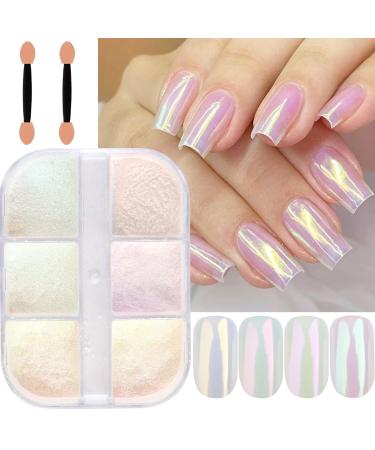 6 Grids Chrome Nail Powder Metallic Mirror Effect Pigment Aurora Nail Glitter Holographic Iridescent Dipping Rub Powder Manicure Design Pearl Shell Gel Polish Dust Sparkly Nail Charms 6grids