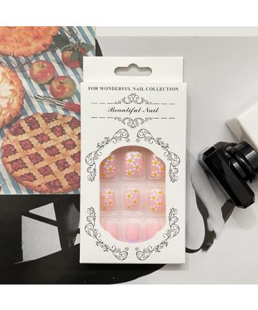 Spring Floral Daisy Short Square Fake Nails - 24Pcs Purple | Acrylic Full Cover French False Nails for Women - Buy Online on GoSupps.com