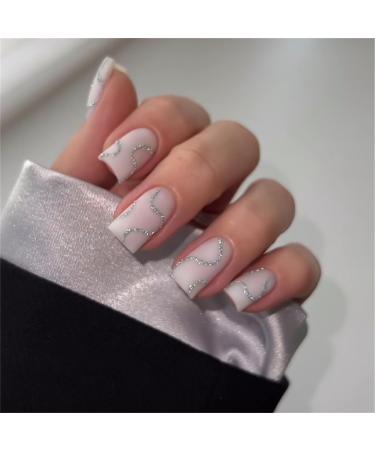 Sparkling Lines Fake Nail Short Square Press on Nails French Tips Nail Art Decoration for Women and Girls Manicure 24pc