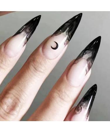 Halloween Press on Nails Gothic Fake Nails Medium Almond False Nails with Black French Tip Design Full Cover Stick on Nails Witch Nails Acrylic Nails Glossy Glue on Nails for Women Girls 24Pcs A18