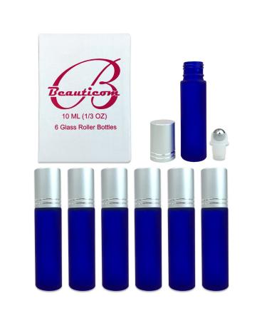 Beauticom Glass 10ml 1/3 oz Roller Bottles with Metal Cap Stainless Steel Roll Balls for Essential Oil Aromatherapy Perfume Lip Gloss Lip Balm Roll on Bottles (30 FROSTED BLUE)
