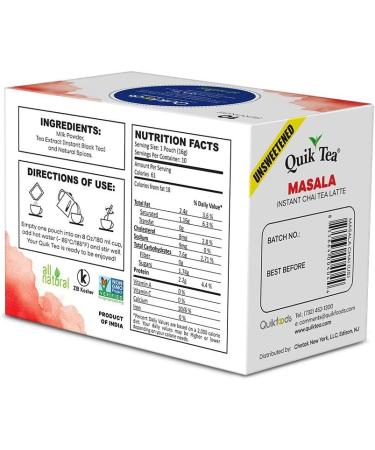 QuikTea Unsweetened Masala Chai Tea Latte - 10 Count Single Box - All Natural & Preservative Free Authentic Instant Chai Unsweetened Masala 10 Count (Pack of 1) - Buy Online on GoSupps.com