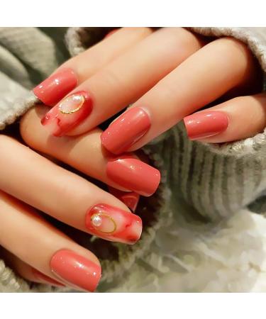 Sethexy square short fingers fingernails shiny salmon chic complete cover acrylic 24 pieces press false nails to women and girls