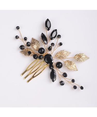 BERYUAN Gold Leaf Black Crystal Rhinestone Hair Comb Elegant Black Rhinestone Beads Headband Women Girls Wedding Headpiece Gold Bridal Headband for Wedding Women and Girls - Buy Online on GoSupps.com