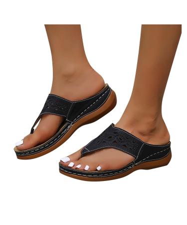 BIFUTON Strappy Sandals For Women Women's Sandals Arch Support Clip Toe Orthopedic Casual Walking Orthotic Flip Flops 10 3X-Narrow Black