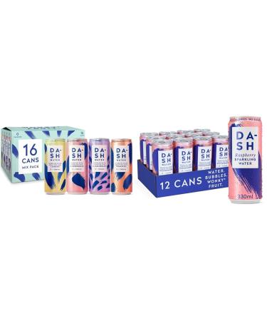 Dash Water Mixed Pack - 16 x Flavoured Sparkling Spring Water & Raspberry - 12 x Raspberry Flavoured Sparkling Spring Water - NO Sugar NO Sweetener NO Calories + Spring Water