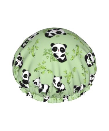 Shower Cap Sketch Panda Bamboo Reusable Bath Shower Caps for Women Long Hair Double Layer Waterproof Bathing Shower Hat Hair Protector for Kids Girls Men