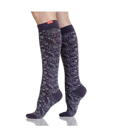 VIM & VIG compression stockings made of merino wool 15-20 mmHg graded for women and men vintage purple Juliet Floral Medium/Large (2)) 2 violet Julia flower pattern in vintage style