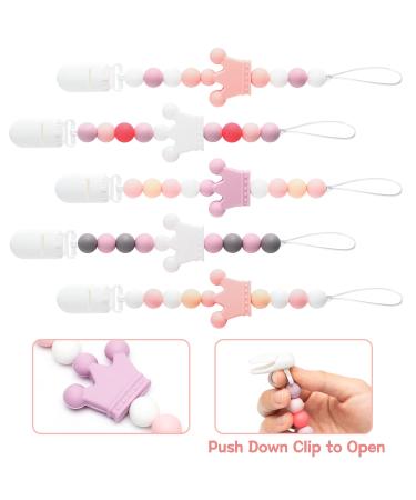 QIMGIC 5pcs Crown Pacifier Clip Teether for Girls - Cute Teething Soothie Toy with Clips | Baby Shower Gift - Buy Online on GoSupps.com