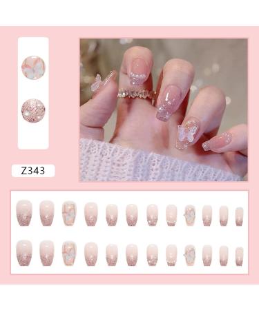 Stereoscopic Butterfly Press on Nails - White Pearl Glitter Gold Lines Medium Coffin Shape False Nails for Women - Buy Online on GoSupps.com