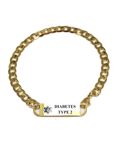 Pre-Engraved Gold Plated Curb Link "Diabetes Type 2" Medical ID Bracelets for Women 7.5" Diabetic T2