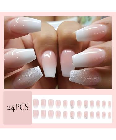 24PCS White Tip Gradient Pink Press On Nails - Medium Square & Glitter Designs - Full Cover Acrylic False Nails for Women & Girls - Buy Online on GoSupps.com
