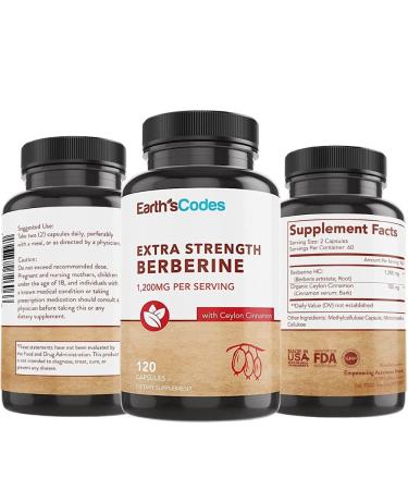 Earth's codes Premium Berberine 1200mg 120 Vegan Capsules Enhanced with Organic Ceylon Cinnamon Berberine HCI Root Supplements Pills Supports Glucose Metabolism Immune System