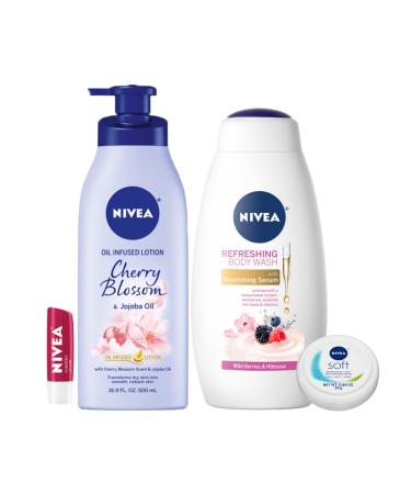 NIVEA Fresh and Fruity Self-Care Kit - 4 Piece Bundle with Body Lotion  Body Wash  Lip Balm  and Moisturizing Body Cream