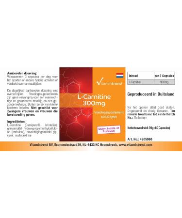 L-Carnitine 300mg - 60 Capsules | Vegan & Bioavailable Carnipure in Licaps | High Dose Supplements from Germany - Vitamintrend  - Buy Online on GoSupps.com