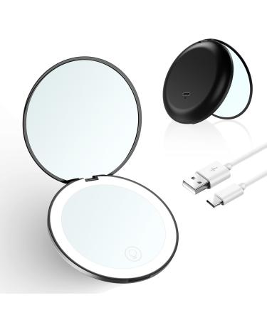 LED Light Travel Makeup Mirror 1X/10X Magnified Dimmable Compact Mirror USB Rechargeable Small Travel Mirror with 12 Led Light Touch Screen Mini Folding Mirror Black Portable Folding Makeup Mirror
