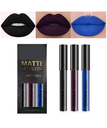3Pcs Dark Black Blue Purple Matte Liquid Lipstick Sets Long Lasting Matte Lipstick Lip Stain Lip Gloss Set 24 Hour Waterproof Matt Lipsticks Set (Set07)