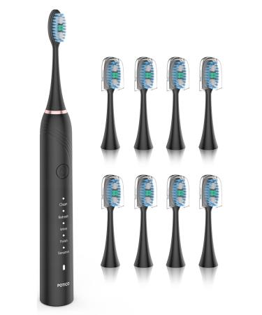 POTICO Sonic Electric Toothbrush for Adult 8 Brush Heads Smart Timer 5 Modes IPX7 Waterproof Power Rechargeable Toothbrush 1 Charge for 90 Days Use (Black)