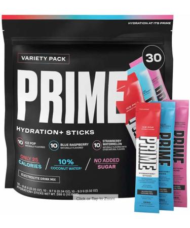Prime Hydration Powder Sticks Variety Pack - Strawberry Watermelon Ice Pop & Blue Raspberry - 30 Pack (3 Flavours - Makes 30 Drinks)