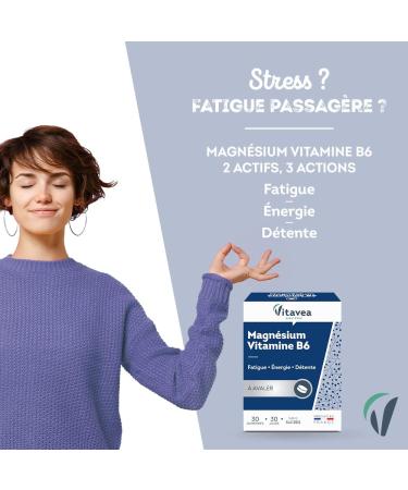 Vitavea Magnesium Vitamin B6 Food Supplement Fatigue Relaxation Energy Relaxation Nervous Balance - Magnesium B6 - 30 Tablets - 30 Day Cure - Made in France - Buy Online on GoSupps.com