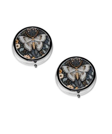 (Beautiful Moth) Round Pill Box 3 Compartment Pill Box Mini Decorative Pocket Purse Portable Travel Medicine Tablet Vitamin Holder Organizer Pill Case