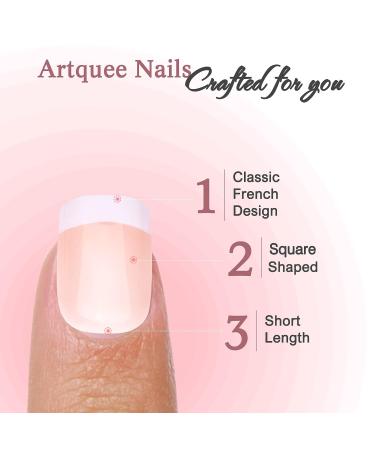 Artquee French Tip Press On Nails - Short Square Clear Pink Designs with White Edge - 24pcs Reusable Stick on Nails for Women - Buy Online on GoSupps.com