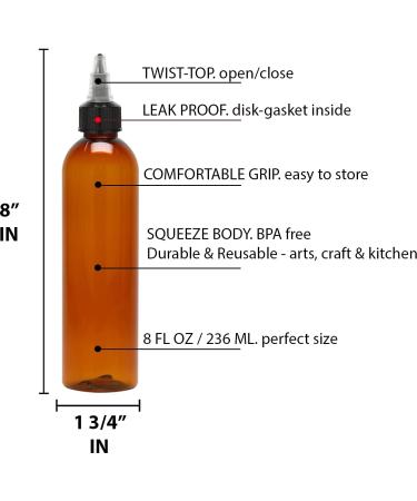 8 oz Amber Twist Top Applicator Bottle - BPA-Free PET, Refillable, Squeeze, Multi-Purpose - Black Nozzle - Buy Online on GoSupps.com