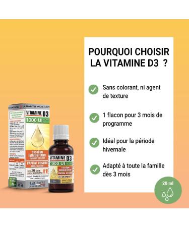 VITAMIN D3 - Natural Vitamins D3 and Vitamin E - Strengthens Bone Capital and Immune System for All - Dropper 20 ml (400 tastes) - French Laboratory Eric Favre - Buy Online on GoSupps.com