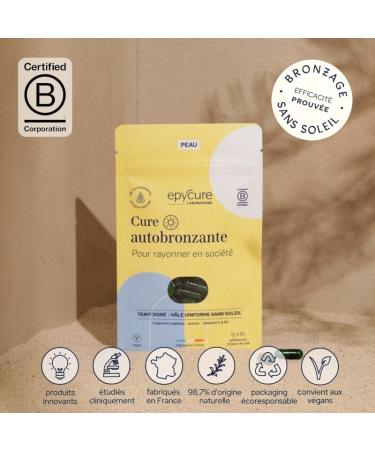 EPYCURE - Self-Tanning Treatment - Natural Tan and Tan Complexion without Sun - 98% Natural - Vegetable Pigments Urucum Vitamins & Minerals - 1 Month - All Skin Types - Vegan - Made in France - Buy Online on GoSupps.com