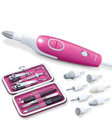Beurer MP 44 Manicure/Pedicure Set electric nail care set with 7 attachments LED light including manual nail set with storage bag pink/pink including manual nail set