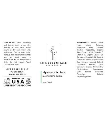 Life Essentials Skin Care Hyaluronic Acid Anti-Aging Moisturizing Serum with Vitamin C Vitamin E and Green Tea 1 fl. oz. / 30ml - Buy Online on GoSupps.com