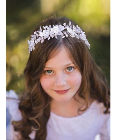 IYOU Flower Girl Headband White Floral Communion Headpiece Pearl Crystal Hair Pieces Bridal Wedding Hair Accessories for Princess Girls