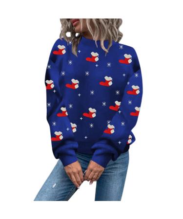 Generically Christmas sweater women rope sweater autumn winter round round long-sleeved sweatshirt print sweater sweater jumper tops hoodies women xmas sweater shirt Santa Claus 5-blue m