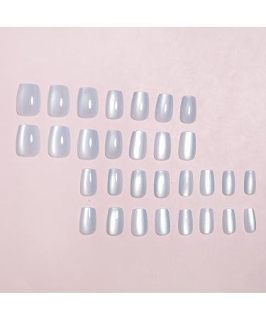 White Cat Eye Press on Nails - Glossy Acrylic Short Fake Nails 24 Pcs Full Cover Squoval Manicure - Buy Online on GoSupps.com
