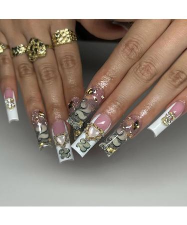 French Tip Press on Nails Long Square Fake Nails Pink Acrylic False Nails with 5D Heart Rhinestones Charms Designs Gold Dollar Symbol Charms Glitter Artificial Nails Stick on Nails for Women 24Pcs A11