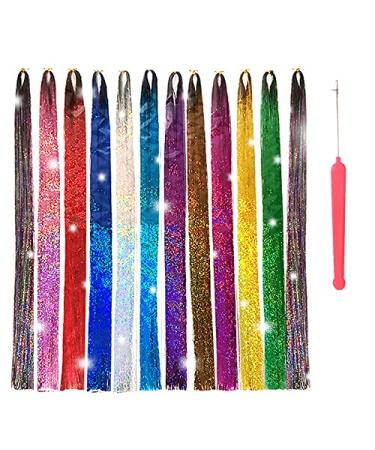 AlyBoto Hair Tinsel Strands with Tools Fairy Hair Heat Resistant Glitter Hair Tinsel Strands Kit Sparkly Shiny Hair Extension 12color/3000strands-Pack