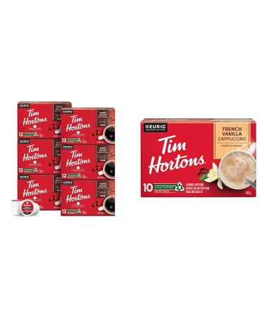 Tim Hortons Dark Roast Coffee Single Serve Keurig K-Cup Pods 72 Count & French Vanilla Cappuccino Flavoured Coffee Single Serve Keurig K-Cup Pods 10 Count Coffee + Coffee Pods 10 Count Dark 72 Count (Pack of 1)