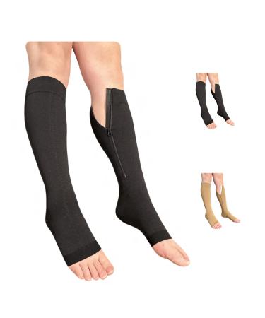 Ziperior Open Toe Inside Leg Calf Zipper 30-40 mmHg Grade 3 Compression Socks (Black  Large-X-Large) Large-X-Large Black
