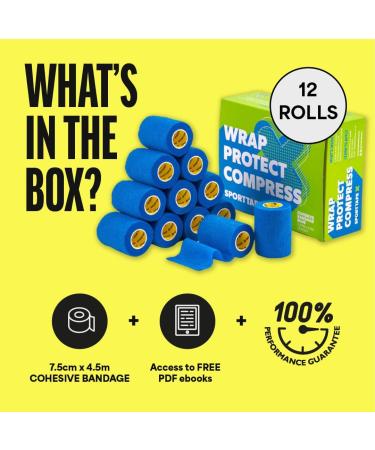 SPORTTAPE Cohesive Bandage - 12 Rolls, 7.5CM x 4.5M - Black | Self Adherent Vet Wrap for Football, Shin Guard, Wrist & Ankle - Sprains, Swelling, Compression - Buy Online on GoSupps.com
