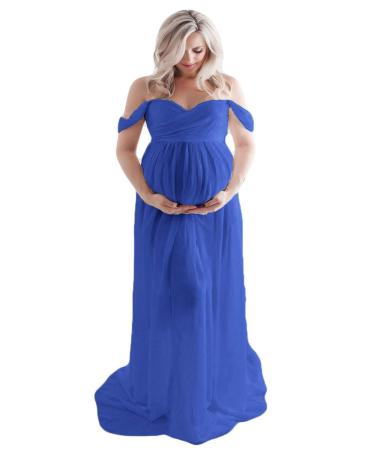FEOYA Maxi Maternity Dress Chiffon Lace Strapless Gown Split Front for Pregnant Women Photography Full Length Blue 2 XL