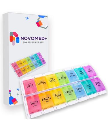 NOVOMED+ Pill Box 7 Day 2 Times a Day Easy to Open Pill Organiser with Push Tab Open Medicine Storage Box with Large 14 Compartments Tablet Organiser to Hold Vitamins and Medication (Double Straignt)
