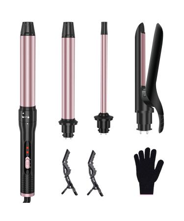 4 in 1 Curling Iron Curling Wand Set with Flat Iron Hair Straightener 3 Interchangeable Ceramic Curling Wand(0.35"-1") 2 Temp Heating Setting Contain Comb & Protective Glove & 2 Clips