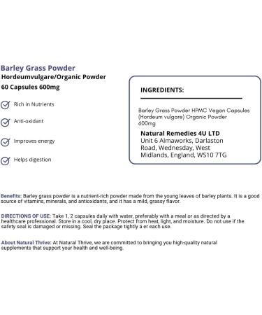  Natural Thrive Organic Barley Grass Powder 100g Natural Energy Boosting Vegan Non-GMO Gluten Free - Buy Online on GoSupps.com