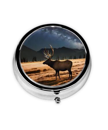 Elk in The Meadowround Pill Box 3 Compartment Round Pill Box Organizer # Portable Travel Pill Box for Traveling.