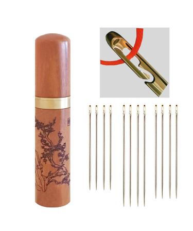 Self-Threading Needles, Needle Threader with Needle case Carving Plum Blossom Pattern, Golden, 12 Pack plum blossom - Side Thread small