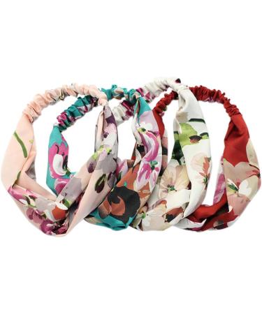 iLoveCos Women Stretchy Printed Head Wrap Floral Style Crossover Elastic Vintage Flower Headbands Boho Twisted Knotted Hairband Girl Hair Band Turban Yoga Sport Daily Wear 4 Pieces - Buy Online on GoSupps.com