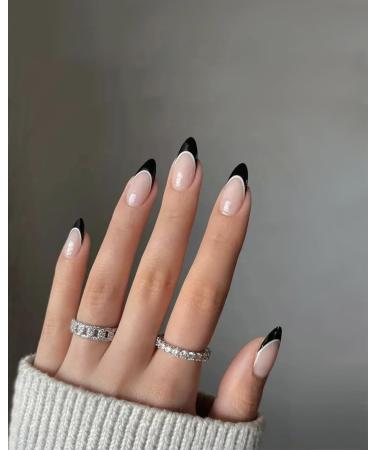 French Tip Press on Nails Almond Press on Nails Medium Reusable Artificial Fake Nails Full Cover False Nails for Women(Black)