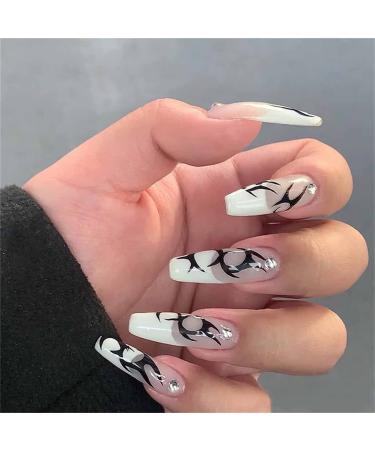 False Nails Long Ballet Full Cover Glue Included Press on Nails 24 Pieces Black Geometric Nail Art Tip with Box for Nail Salons and Women DIY Nail Art
